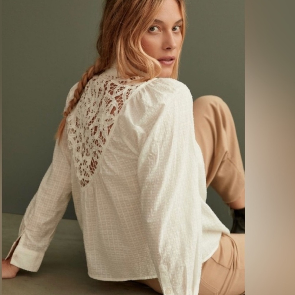 Anthropologie White Lace Button Down Shirt 1X